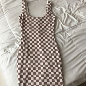 Checkered Fashion Nova Dress in Taupe